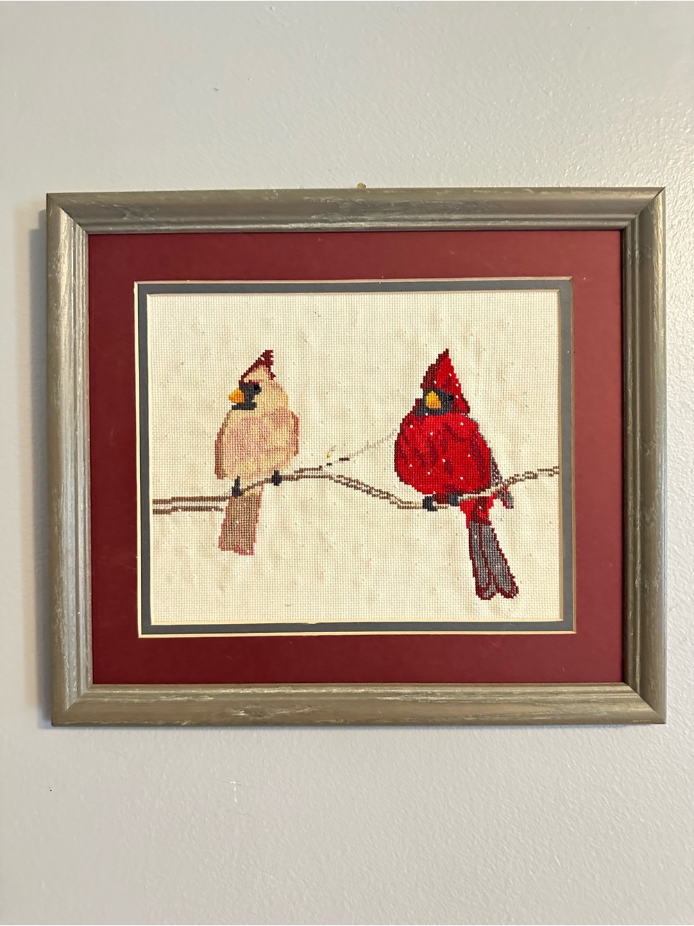 Vintage Male Female Cardinal Needlepoint Framed Bird Fiber Art 11x13